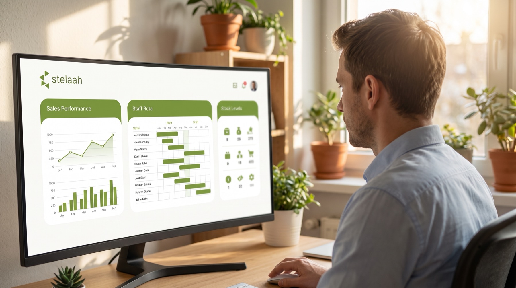 A manager reviewing a Stelaah business dashboard