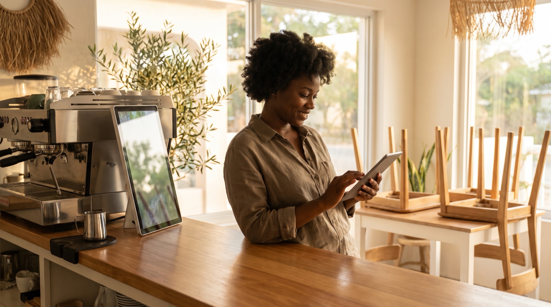 A cafe owner reviewing her business on a tablet after closing