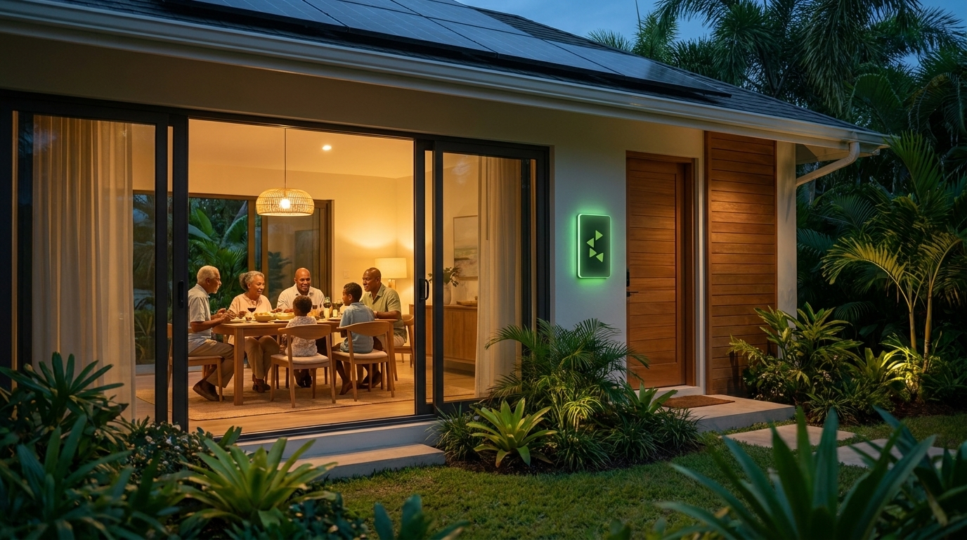 A near-future Caribbean smart home at blue hour