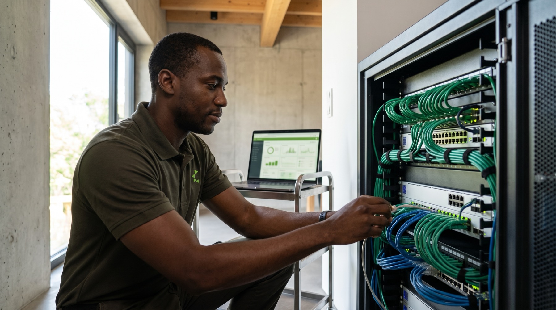 Stelaah technician servicing a network rack