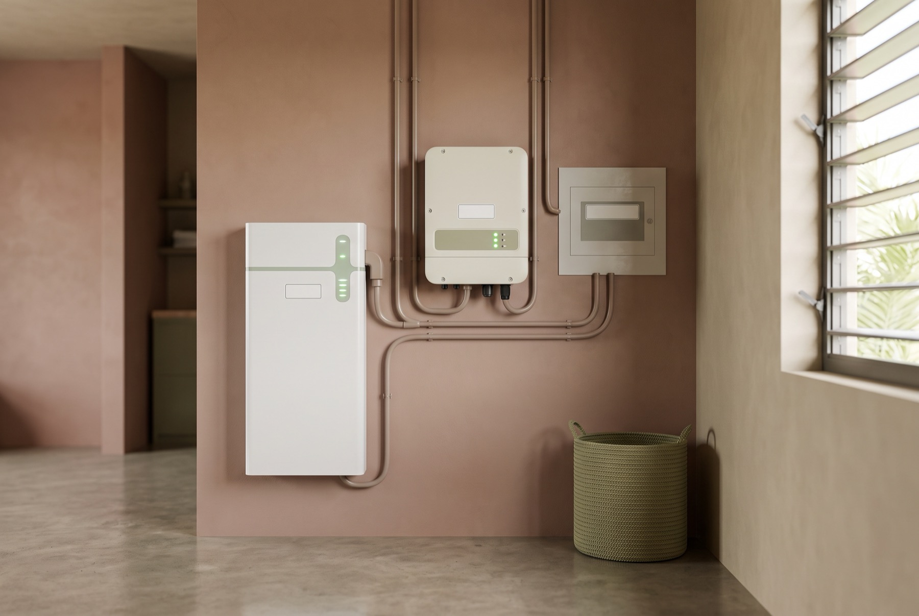 Modern battery and changeover installation in a tidy utility room